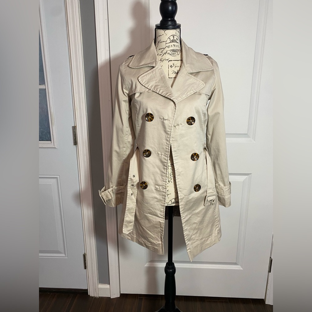 A|wear‎ Vintage Tan Double-Breasted Classic Trench Coat w/ Pockets & Belt 10 N